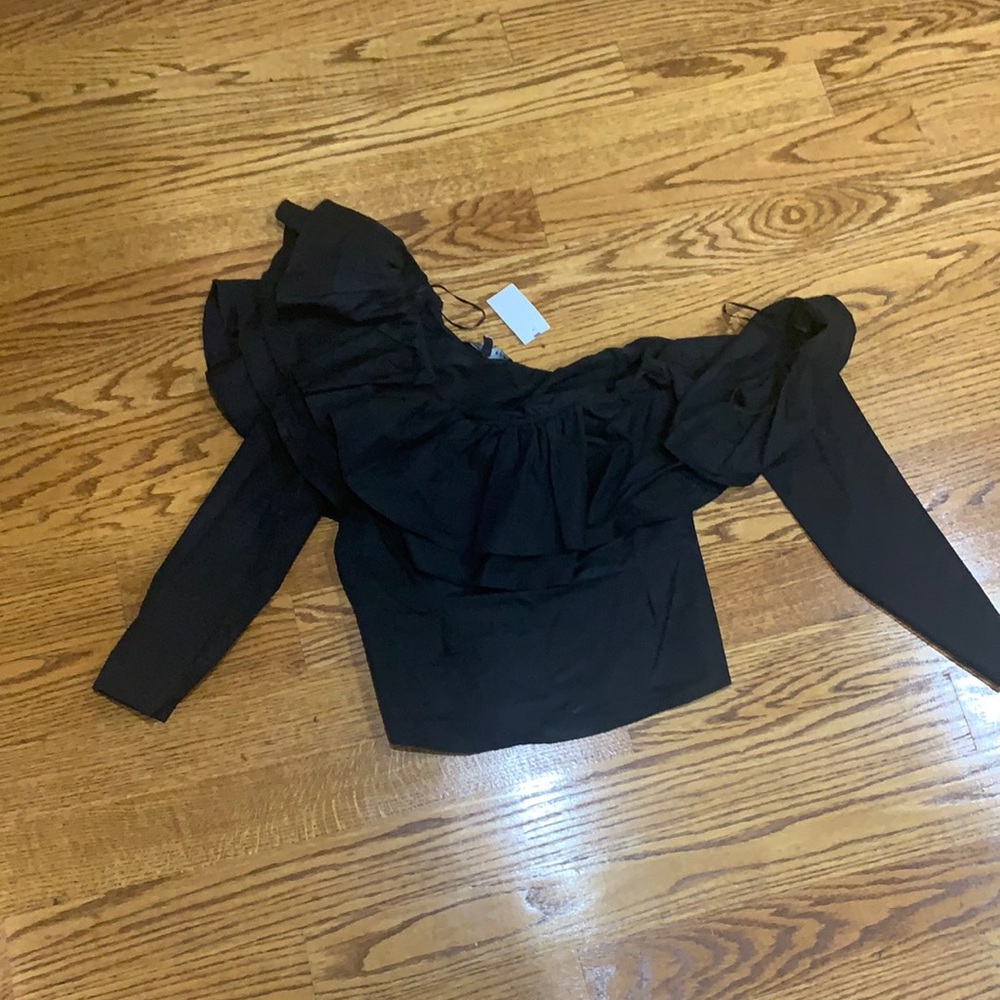 One shoulder ruffle black top with additional sleeve